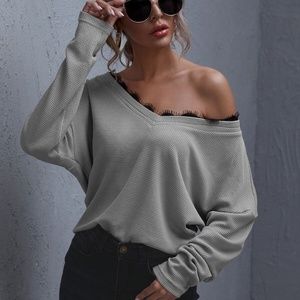 eyelash lace detail off shoulder waffle top